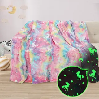 Catalonia Classy Kuscheldecke Kinder Leuchtet im Dunkeln Einhorn, Weich Flauschig Fleece Plüsch Kinderdecke für Sofa Bett, Kuschelig Warme Geschenk Decke für Mädchen, 150 x 130 cm, Rosa
