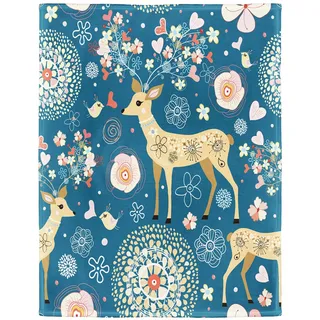 YISUMEI Decke 150x200 cm Kuscheldecken Sanft Flanell Weich Fleecedecke Fabelhaftes Blumen Rotwild Muster