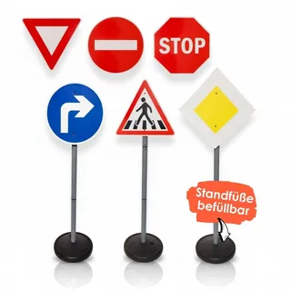 alldoro Verkehrszeichen für Kinder, 6-teiliges Set mit 3 befüllbaren Standfüßen & 12 Clips, 75 cm hoch, für drinnen & draußen, ab 3 Jahre, Weiß