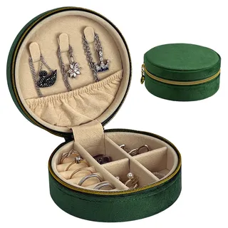 HomeGadget Reise Schmuckkästchen - Runde Schmuck Box aus Samt mit Reißverschluss - Jewelry Organizer - Grün