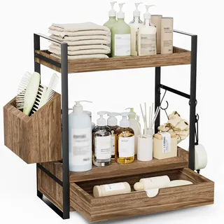 Kottwca 2-Ebenen Badezimmer Organizer mit Schubladen, Körben und 2 Haken | Arbeitsplatten Organizer aus Holz mit Metallgestell, Multifunktionales Gewürzregal, Badregal für Bad, Küche, Büro, Braun
