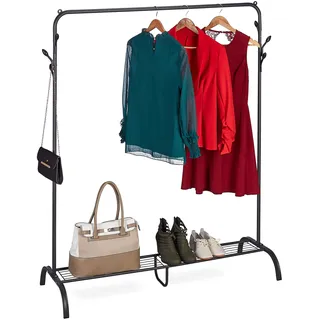 Relaxdays Kleiderständer Metall, Ablage, 6 Haken, Kleiderstange Schlafzimmer, HBT: 145x132x44 cm, freistehend, schwarz