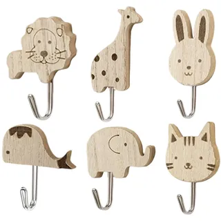 Nujvnuj 6 Stück Niedliche Tier Kleiderhaken Selbstklebende Holz-Wandhaken Perfekte Kinder-Garderobe für Schlafzimmer Badezimmer Kinderzimmer (Süße Cartoon-Tier-Deko Kein Bohren nötig) (Stil 1)