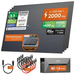 Solarway® 2000Wp / 800W Balkonkraftwerk mit 1,6 kWh Speicher komplett Steckdose - 1,6 kWh Anker SOLIX 2 PRO Speicher