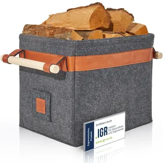 OAKAGE® Holzkorb für Kaminholz Groß [Integrierter Metallrahmen für Zusatzstabilität] Kaminholzkorb Filz Feuerholzkorb Brennholzkorb Kaminkorb Filzkorb | Korb Dunkelgrau