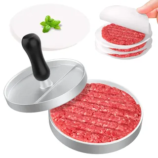 Burgerpresse Antihaft mit 100 Patty Papieren,GeeRic Robuste Hamburger Presse aus Aluminium für Grill,11 cm, Spülmaschinengeeignet