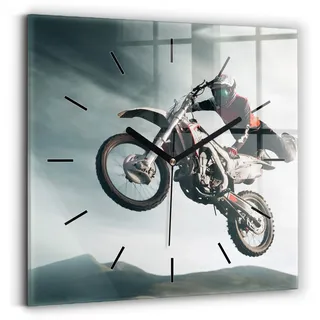 Wallfluent Wanduhr – Stilles Quarzuhrwerk - Uhr Dekoration Wohnzimmer Schlafzimmer Küche - Zifferblatt mit Striche - schwarze Zeiger - 30x30 cm - Motorrad im Adrenalin-Stil - Grau