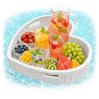 Relaxdays Schwimmendes Tablett Herz, Pooltablett für Getränke & Snacks, HBT: ca. 20x60x60 cm, Rattan, unsinkbar, weiß
