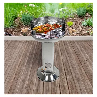 Säulengrill mit höhenverstellbarem Grillrost, Haltegriffen, Belüftungshebel, Windschutz und Ascheschublade, aus rostfreiem Edelstahl, runder Kohlegrill