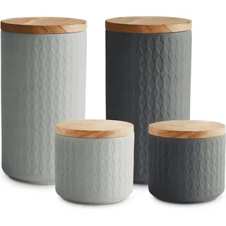 SPRINGLANE Keramik Vorratsdosen 4-tlg. Set mit Holzdeckel Grau, Kautschukholz-Deckel, Aufbewahrungsdosen, Frischhaltedosen - Naturbelassen