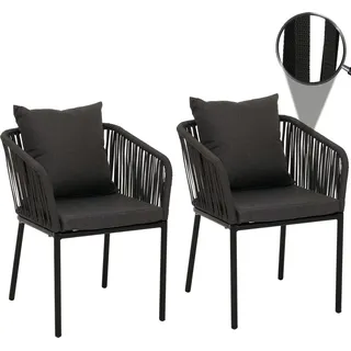 2er-Set Gartenstuhl HWC-N41, Outdoor Armlehne, wetterfest Aluminium Seilgeflecht Rope anthrazit, Kissen dunkelgrau - Grau