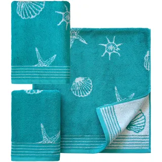 Dyckhoff Handtuch Set »Seashell«, (Set, 3 St., 2 Handtücher (50x100 cm)-1 Badetuch (70x140 cm), mit Muschelmuster; 2 Handtücher (50x100cm), 1 Duschtuch (70x140cm) Dyckhoff türkis