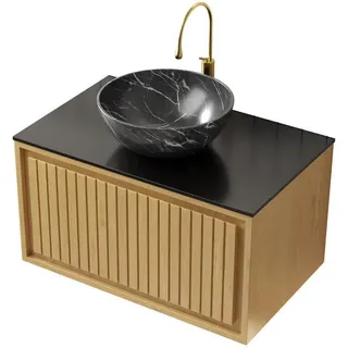 Modfu Waschtischkombi 76x48x55.1cm Schwarz/Gold mit Sinterstein-Arbeitsplatte & Aufsatzbecken , Goldfarben , Keramik , 76x55.1x48 cm , Badezimmer, Waschbecken & Armaturen, Waschtische