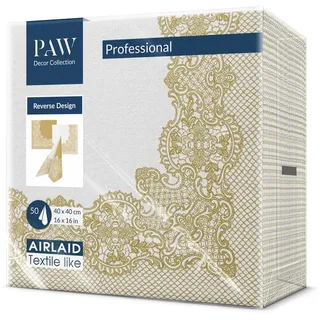 Paw Decor Collection PAW - Servietten aus Airlaid - Stoffähnlich (40 x 40 cm) I 50 Stück I Ideal für Hochzeit, Taufe, Kommunion, Geburtstag I Tischdeko Rückseite-Muster - Weiß-Gold I Reverse Royal Lace gold-white