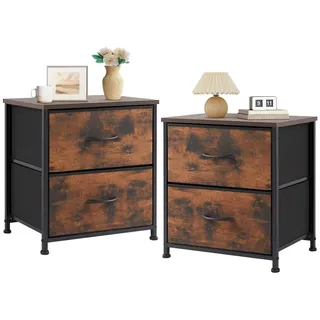 Sweetcrispy Nachttisch 2er Set, Nachttisch Beistelltisch, Stoff Schubladenschrank, Schmal Schrank, Kommode Schlafzimmer, Industrial Stil für Wohnzimmer, Kinderzimmer, Flur Aufbewahrungsschrank, Braun