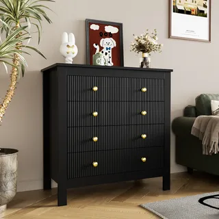 Merax Kommode mit 5 Schubladen, Sideboard mit goldenen Metallgriffe, Schubkastenkommode Wohnzimmerschrank Schuhschrank 79x80.5x39.5cm, Schwarz - Schwarz