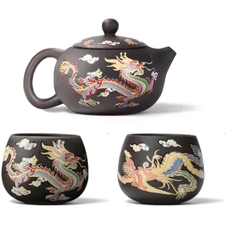 Hormsdar Handgefertigte magische Teekanne mit Drache und Phönix, mit Farbwechsel, 383 ml, Yixing Zisha-Teeset, chinesisches Kung-Fu-Teeset mit Geschenk-Box, Geschenk für Teeliebhaber (Teekanne + 2
