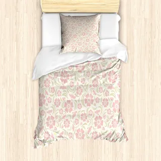 ABAKUHAUS Blume Bettbezug Set für Einzelbetten, Altmodisch Floral Muster Art, Milbensicher Allergiker geeignet mit Kissenbezug, Hellgrün Eierschalenfarben und Puder Rosa - Rosa