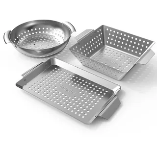 Onlyfire Grillschale Edelstahl 3er Set, Grillkorb mit Tragegriffen, Grillschale für Gemüse, Fleisch & Garnelen, Mini Gemüsekorb Grillpfanne für Grill, Grillzubehör