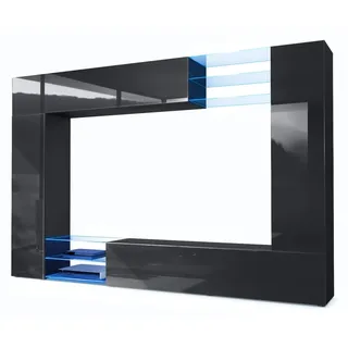 Vladon Wohnwand Mirage, (Anbauwand mit Rückwand mit 2 Türen, 2 Klappen und 6 offenen Glasablagen), Schwarz matt/Schwarz Hochglanz, inkl. LED-Beleuchtung (262x183x39 cm) schwarz