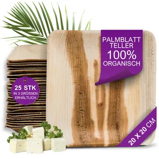 Waipur Bio Palmblatt Geschirr - 25 Stück eckig 20x20 cm - Premium Einwegteller kompostierbar - Umweltfreundliches Partygeschirr - ähnl. Bambus Teller Einweg