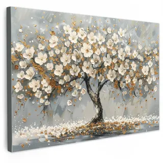 MuchoWow Leinwandbild Baum - Blumen - Weiß - Natur - Kunst Wanddeko 90x60 cm , Textil , Kiefer , Rechteckig , 90x60 cm , FSC 100% , gerahmt , Bilder & Rahmen, Bilder, Leinwandbilder