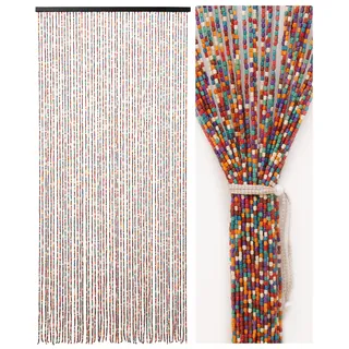 Ezcasch 90 * 200cm Perlenvorhang Türvorhang 52 Stränge Bunt Holzperlenvorhang als Bohemian-Stil Dekoration und Insektenschutz, Handarbeit Perlenvorhang für Fenster, Tür, Zimmer