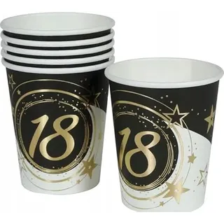 FIESTAS GUIRCA | 6 Einwegbecher mit der Zahl 18 (240 ml) (9 cm) - Tischdekoration für Partys und Graduierungen - Ideal für Feiern - Schwarz, Gold, Weiß