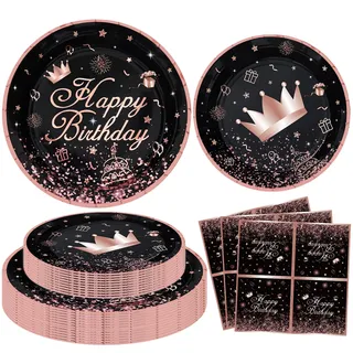 Inspireyee 120Pcs Schwarz und Rose Gold Party Dekoration Rose Gold & Black Party Supplies Geburtstag Geschirr Set-Teller, Serviette für Frauen Mädchen Geburtstag Dekoration
