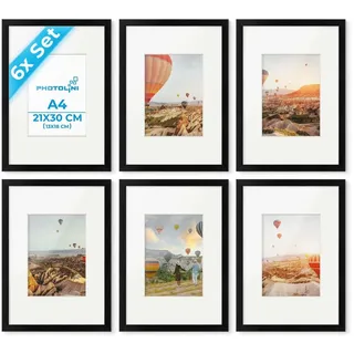 PHOTOLINI Bilderrahmen A4 Schwarz Holz MDF, 6er Set DIN A4 21x30 cm Rahmen | Foto Rahmen mit Passepartout zum Aufhängen & Aufstellen, Rahmen 21 x 30 mit Acrylglas, Bilderrahmen Collage 30x21 Poster