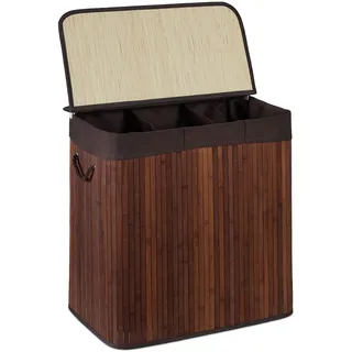 Relaxdays Wäschekorb, 3 Fächer, mit Deckel, rechteckiger Wäschesortierer, HBT: 62 x 62,5 x 42,5 cm, aus Bambus, braun