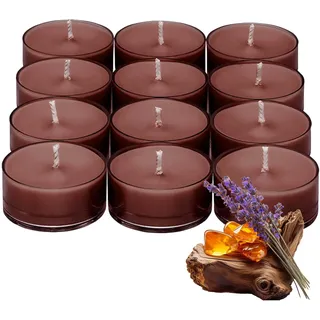 PartyLite Teelichter, Kerzen, Bernstein und geräuchertes Patchouli mit Lavendelduft, Geschenkset mit 12 Stück, Aromatherapie mit bis zu 4 bis 6 Stunden Brenndauer, ideal für Heimdekoration,
