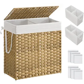 SONGMICS Wäschekorb handgeflochten, Wäschesammler aus synthetischem Rattan, mit Deckel und Griffen, Wäschesortierer, faltbar, Wäschesack herausnehmbar, naturfarben LCB52NL