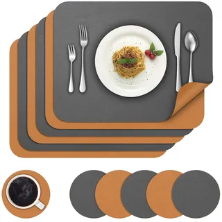 BANNIO Tischsets Abwaschbar,6er Set Zweifarbig Platzset mit Untersetzer,Abwischbar Platzsets,Tischset Leder,Lederoptik Platzdeckchen,rutschfest Untersetzer Teller Tischuntersetzer,Grau&Braun