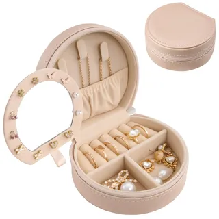 ProCase Reise Schmuckkästchen, Mini Schmuckbox für Damen PU-Leder Aufbewahrungsbox Schmucketui Schmuckaufbewahrung für Ringe Ohrringe Halsketten Geschenk- Champagner, mit Spiegel