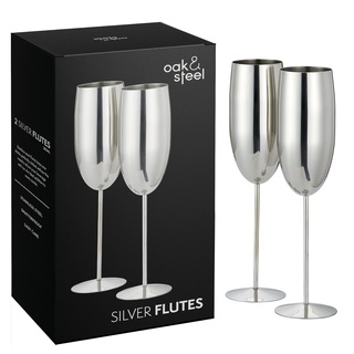 Oak & Steel 2 Silberne Champagner Gläser aus Edelstahl (280ml) - Bruchsichere Sektgläser/Prosecco Gläser mit Geschenkbox