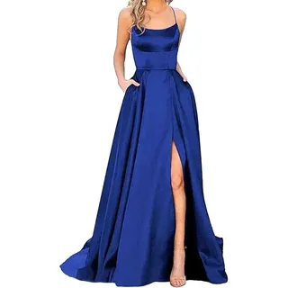 Elegantes Ballkleid Satin Abendkleid Hochzeitskleid für Brautjungfern Blau M