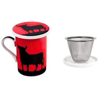 DRW Set von 4 Tassen mit Deckel mit einem Stier in Rot und Schwarz, Tasse 10 x 7 x 10 cm