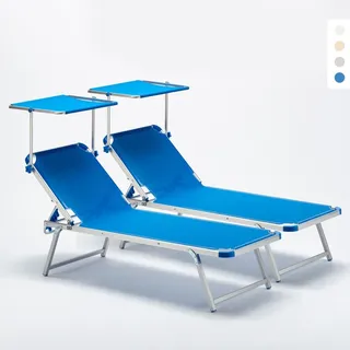 2er Set Aluminium Sonnenliegen mit Sonnendach Nettuno - Blau - Blau