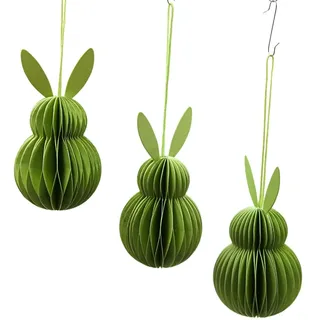 Dekohelden24 3er Set Deko-Hänger Honeycomb, Osterdeko, Wabenhase aus Seidenpapier, Osterhase aus Papier/Pappe in hellgrün, magnetisch, Lieferumfang 3 Stück, L/B/H 6 x 6 x 10 cm.