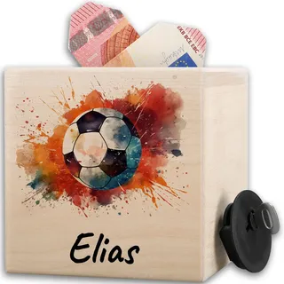 Shirtracer Spardose Holz personalisiert Aquarell Fußball Name | Holz, 10x10cm, Taschengeld, Geldgeschenk, Wunscherfüller, Deko, Mannschaft, Trainer, Kinder