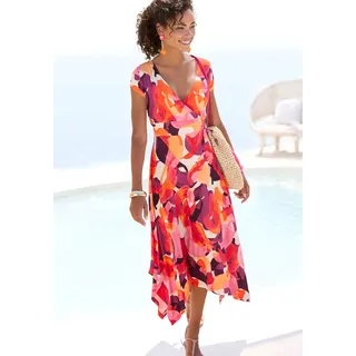 Vivance Midikleid "mit Alloverdruck und asymmetrischem Saum" luftiges Sommerkleid in Wickeloptik, Strandkleid, Zipfelkleid, rot, lila, pink bedruckt