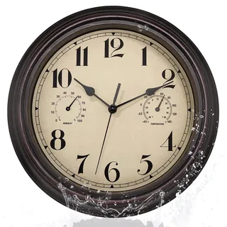 Foxtop Innen Draussen Wetterfeste Wanduhr mit Temperaturanzeige und Hygrometer, Ohne Tickgeräusche Lautlos Retro Uhr für Terrasse Badezimmer küche Wohnzimmer Heim Dekor(Bronze,30cm)