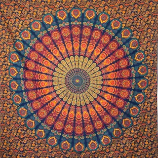 MOMOMUS Wandteppich Mandala, Großformat 210 x 230 cm, Blau und Gelb | Wandbehang für große Wände: Mandala-Tuch 210 x 230 cm, einseitig bedruckt, leichter Fall, einfach aufzuhängen