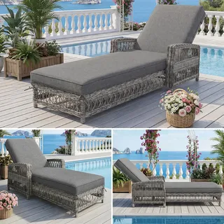Outdoor-Liege aus Rattan(1 set), wetterfeste Sonnenliege mit verstellbarer R1ckenlehne, Gartenliege mit abnehmbarem Kissen, f1r Terrasse, Balkon, Poolbereich, grau - Grau