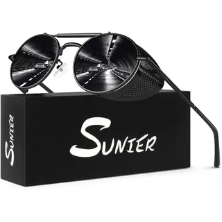 Sunier Rund Sonnenbrille Herren Polarisiert,Retro Steampunk Metall Brille