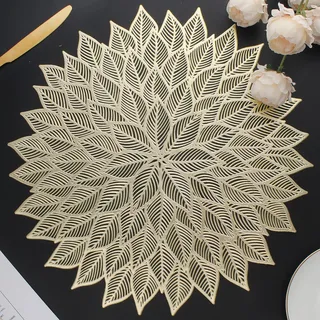 Mabbcoo Platzdeckchen-Set, 6 Stück, rund, hohl, Blumen, Platzsets für Esstisch, gepresstes Vinyl, Blühende Blätter, Tischmatten für Urlaub, Party, Hochzeit, Akzent, Abendessen, Tischdekoration (Gold)