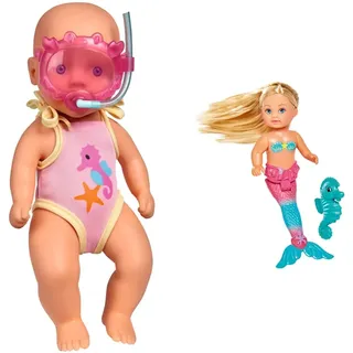 Simba 105030172 - New Born Baby Badepuppe, Vollvinylpuppe in Badeanzug mit Schwimmbrille, 30cm & 105733424 - Evi Love Little Mermaid, 2-sort., Evi als Meerjungfrau, bewegliche Schwanzflosse, 12cm