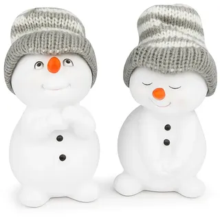 khevga Schneemann Figuren 2er Set – Stehend & Sitzend – Weihnachtsdeko in Grau & Rot – Klassisch oder Verspielt – Ideal für Fensterbank, Tisch & Winterdeko (Grau, Stehend Klassisch)