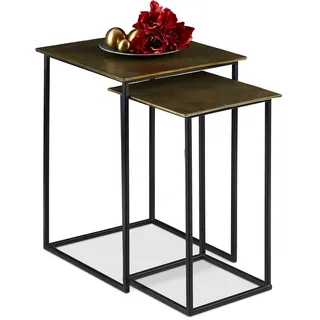 Relaxdays Satztisch 2er Set, eckig, Metall, gold/schwarz | Beistelltisch, Retro Design, Wohnzimmer, H: 50,5 und 55,5 cm